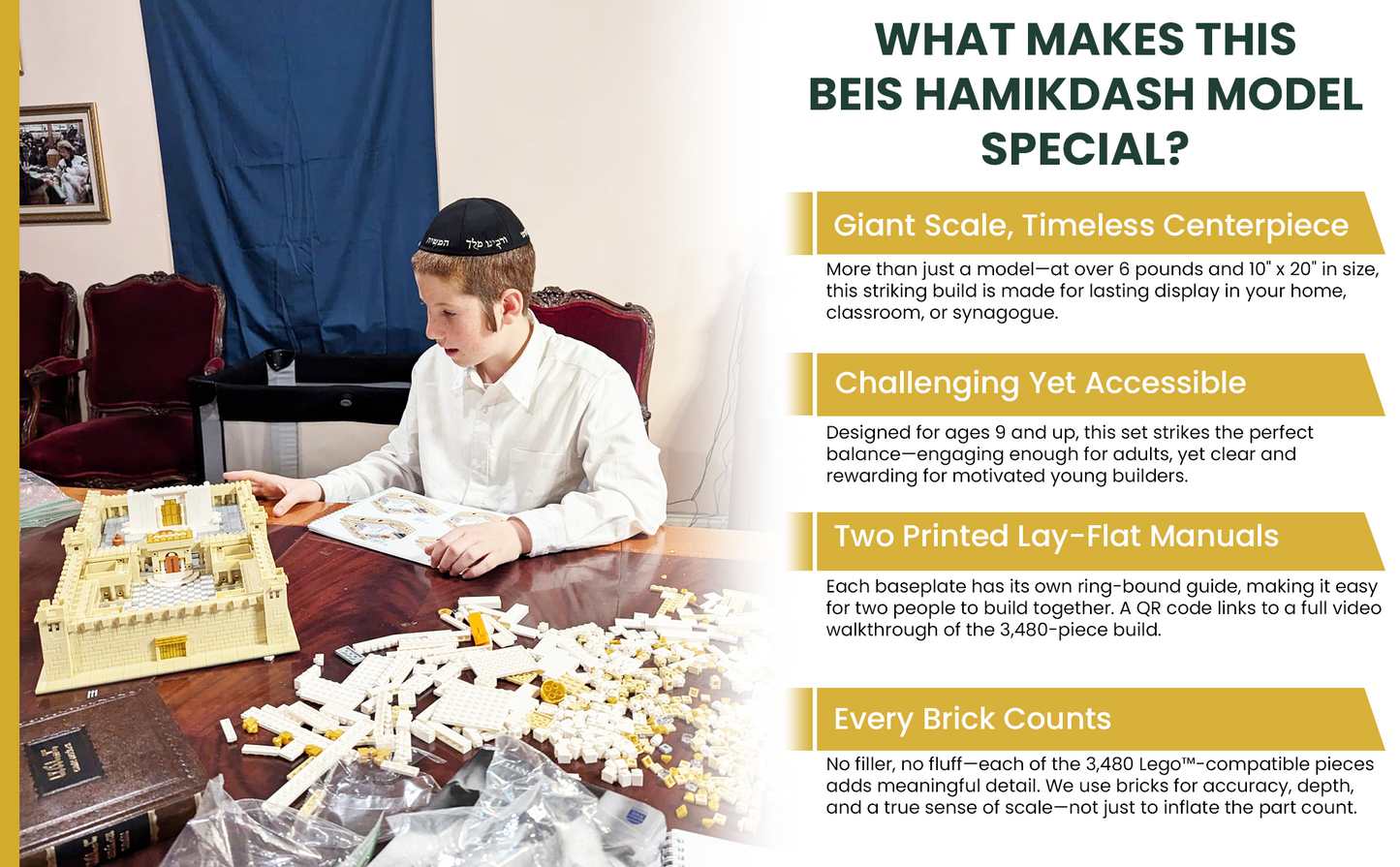 Geulah Second Bet Hamikdash Brick Model – 3,480 Pieces | 10” x 20” Holy Temple in Jerusalem Replica | Judaica Gift for Chanukah, Bar Mitzvah, Bas Mitzvah, Birthday | 10+ with Printed Manuals