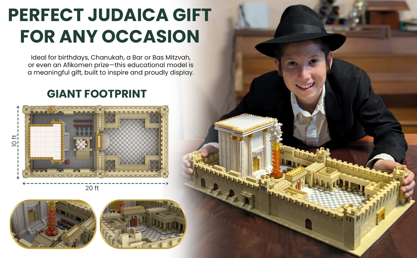 Geulah Second Bet Hamikdash Brick Model – 3,480 Pieces | 10” x 20” Holy Temple in Jerusalem Replica | Judaica Gift for Chanukah, Bar Mitzvah, Bas Mitzvah, Birthday | 10+ with Printed Manuals